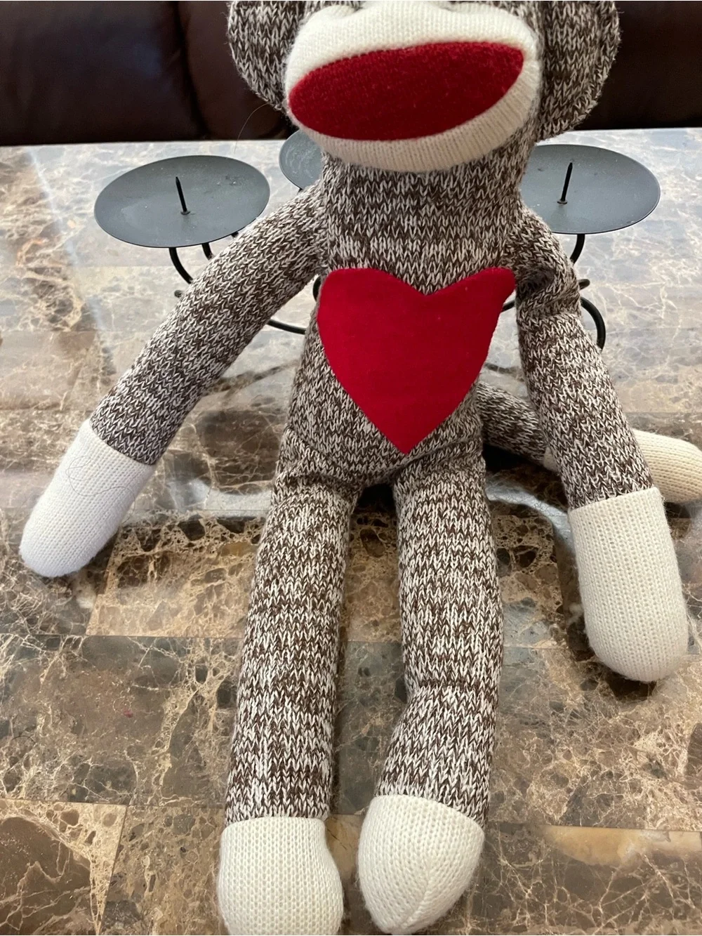 Handmade Brown Knit Sock Monkey Plush with Red Heart